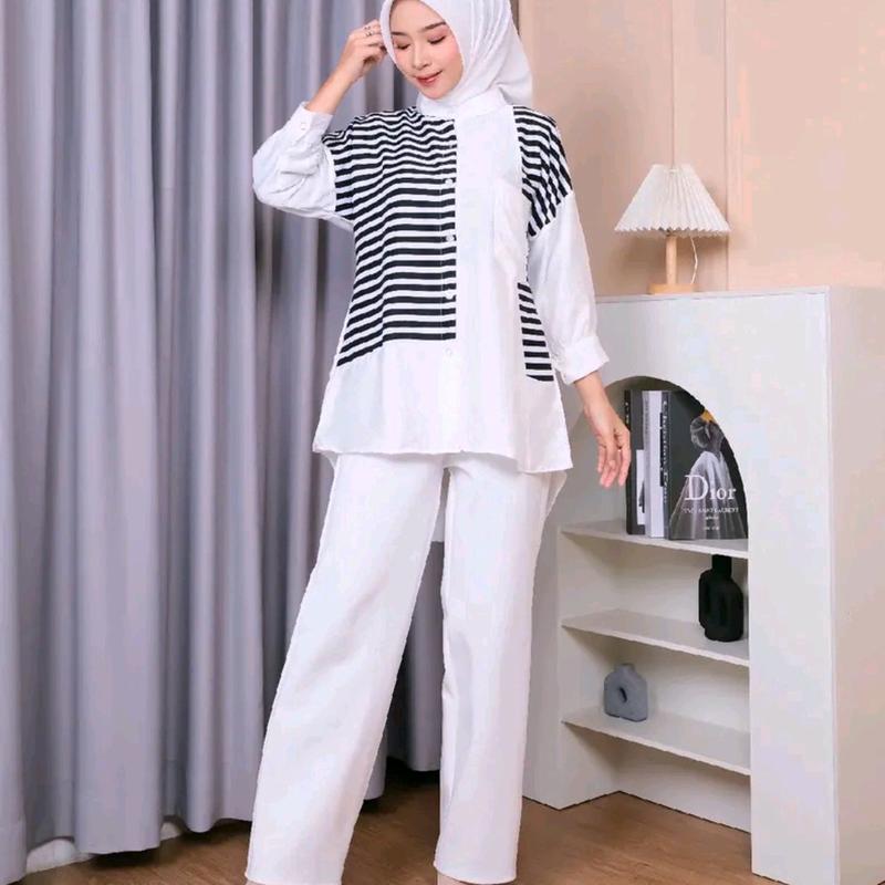 kemeja linen premium wanita terbaru atasan wanita terbaru  wanita import Kain Salur Kemeja garis garis atasan wanita dewasa tunik salur 2