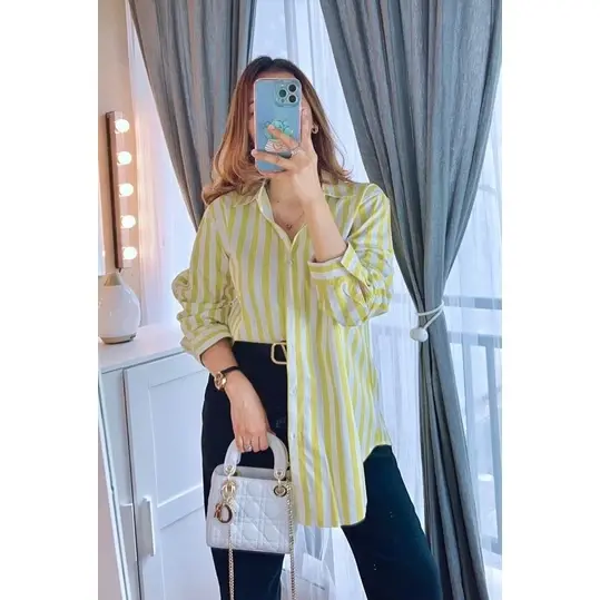 Kemeja Wanita Motif Silang Belakang Stripe Garis Salur Bahan Polly Rayon 5