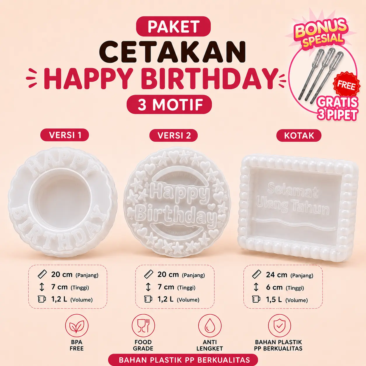3 PCS Cetakan Puding Happy Birthday Ulang Tahun Plastik Premium 1,2 Liter FREE PIPET / Cetakan Bolu Ulang Tahun Puding Loyang / Cetakan Agar Jelly Pudding