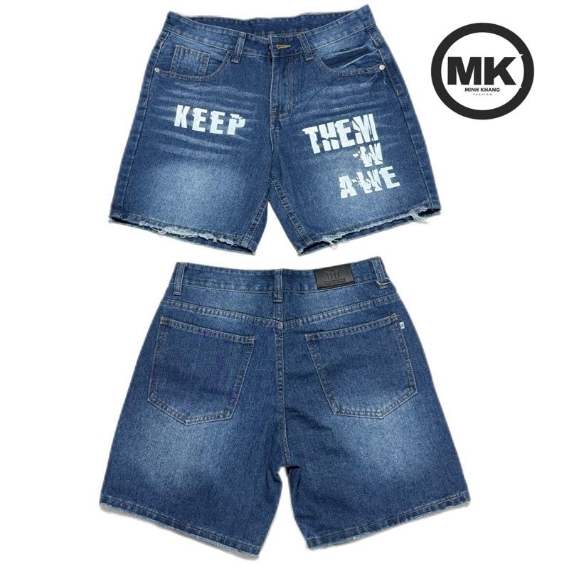 MK Quần Short Jean Unisex KEEP THEM IN AWE - Chất Denim Dày Dặn Thoải Mái, Form Rộng Cá Tính, In Chữ Độc Đáo Cho Outfit Streetwear Nổi Bật