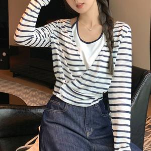 Women's Striped Patchwork Colorblock Mock Two-Piece Halter Top, Fall Design Casual Long Sleeve Shirt, Fashion Women's Clothing 3791 Womenswear Blouse Crewneck Short