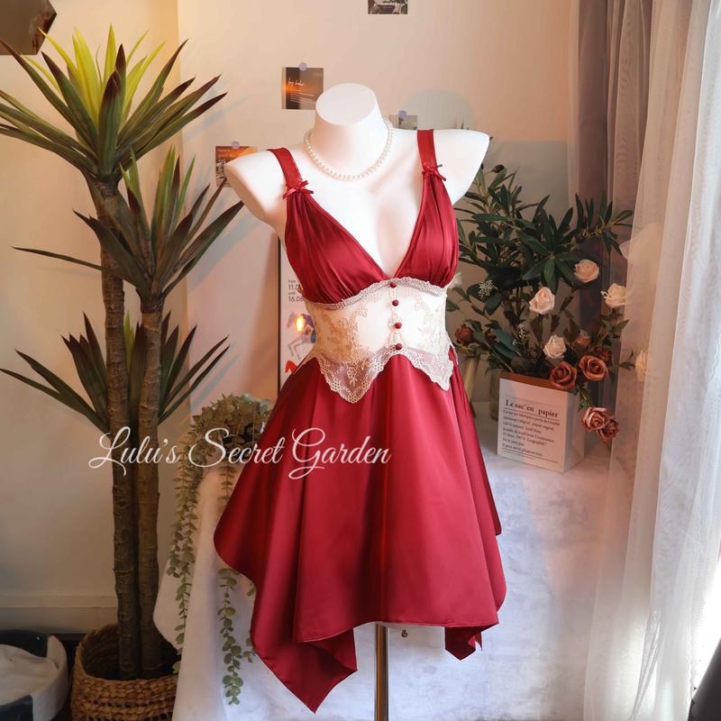 LULU 1053-Sexy Lace Hollow Solid Color Seductive Camisole Nightdress and Robe Set for Women - Homewear 0