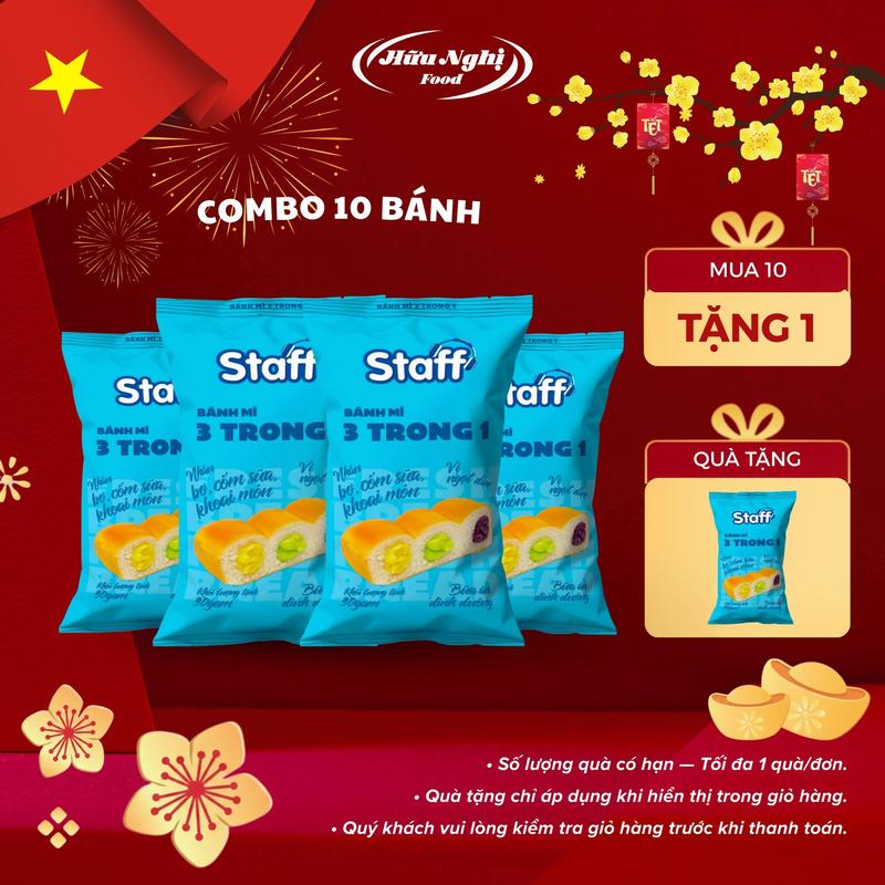 COMBO 10 Staff Bánh Mì 3 Trong 1 KL 90g Thơm Ngon Bổ Dưỡng 3 Múi Bánh Nhỏ Vị Bơ Sữa Cốm Sữa Khoai Môn