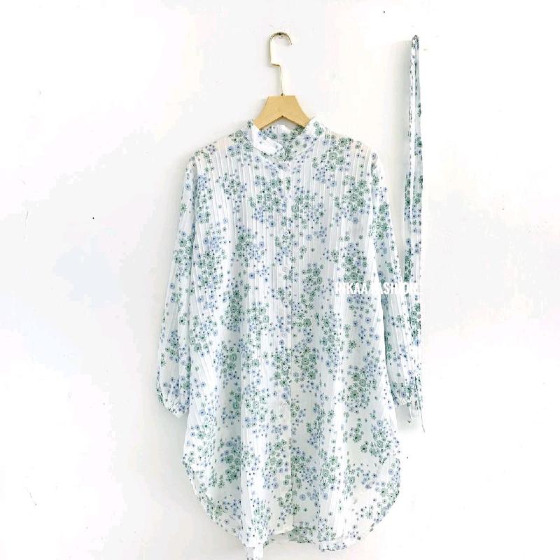 Tunik Lebaran Motif Muslim Panjang Busui ukuran Oversize Pakai Kancing Wanita Dress Etnik Bunga 3
