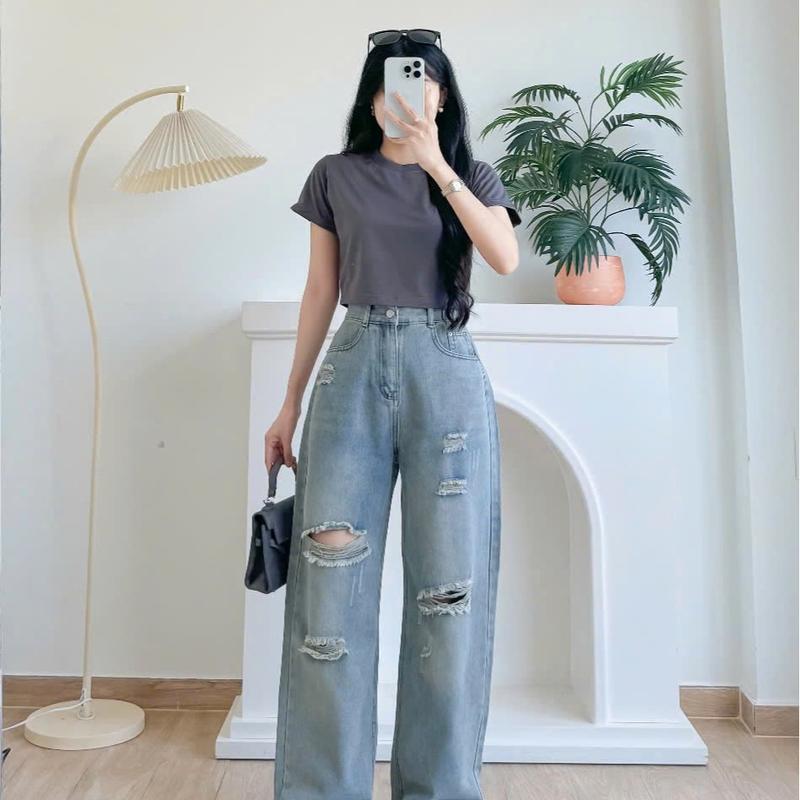  QUẦN JEAN SUÔNG NỮ,QUẦN JEAN SUÔNG LƯNG CAO BẢN LAI TO CẮT RÁCH KIỂU THỜI TRANG MS 444 