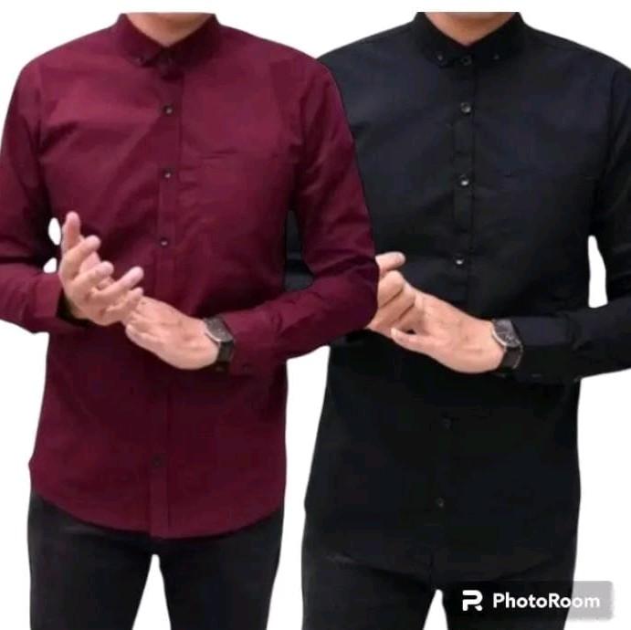 Paket 2 Pcs Kemeja Polos Lengan Panjang Catun Casual Slimfit  Baju Dinas Kantor  Kancing Kerah Simple Standar Putih Navy Nyaman Variasi Santai Pria Kerja Hitam Basic 4