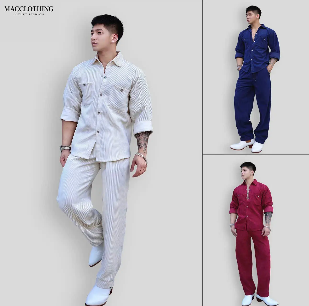 [ DEAL MỞ BÁN ] Bộ đồ MACCLOTHING thu đông mới, áo khoác sơ mi kẻ sọc Chất liệu vải nhung , quần ống đứng rộng rãi,