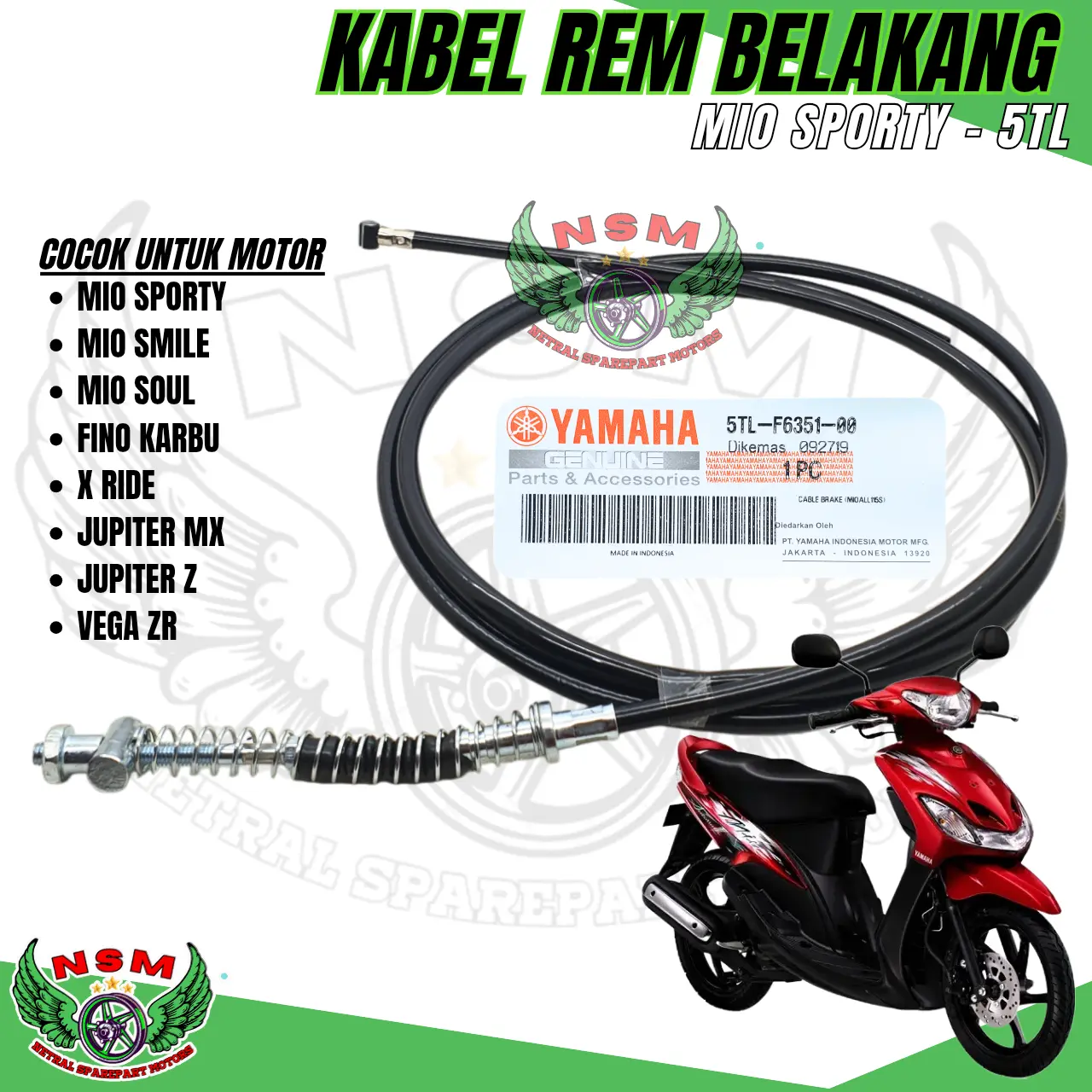Kabel Rem Belakang Mio Sporty Mio Smile Mio Soul Fino Berkualitas Original 5TL-F6351-00 Meningkatkan Pengereman Motor Yamaha