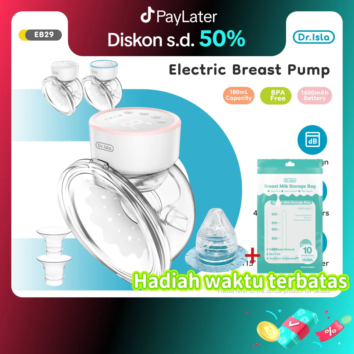 【Kantong ASI gratis】Dr.isla EB29（MY376 Upgraded Model） Pompa Asi Electric Handsfree 180ML Wireless Breast Pump 4 mode dan 12 Tingkat Penyesuaian Hisap BPA Free Pumping ASI Elektrik Ibu Bayi