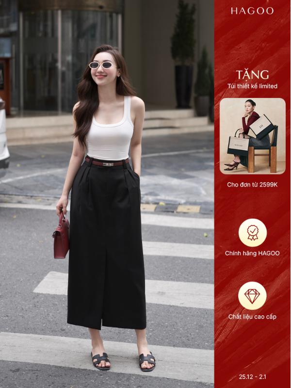 HAGOO Chân váy dài nữ công sở xẻ trước dáng dài phồng hông 3 màu Nâu Đen Xám Women CV167 Voi Voan