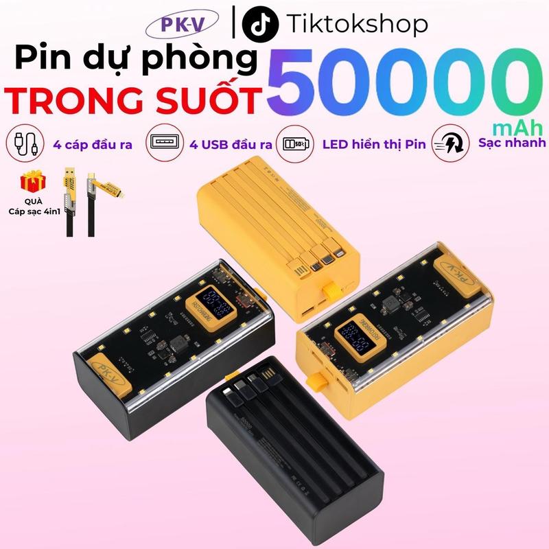    Tặng cáp 4in1  Sạc dự phòng tên 50000mAh TRONG SUỐT Hỗ trợ sạc nhanh có thể lên tới 22,5W 4 đầu ra Tích hợp 2 cổng sạc đầu ra  Sạc Pin có đèn cho tất cả các dòng điện thoại 