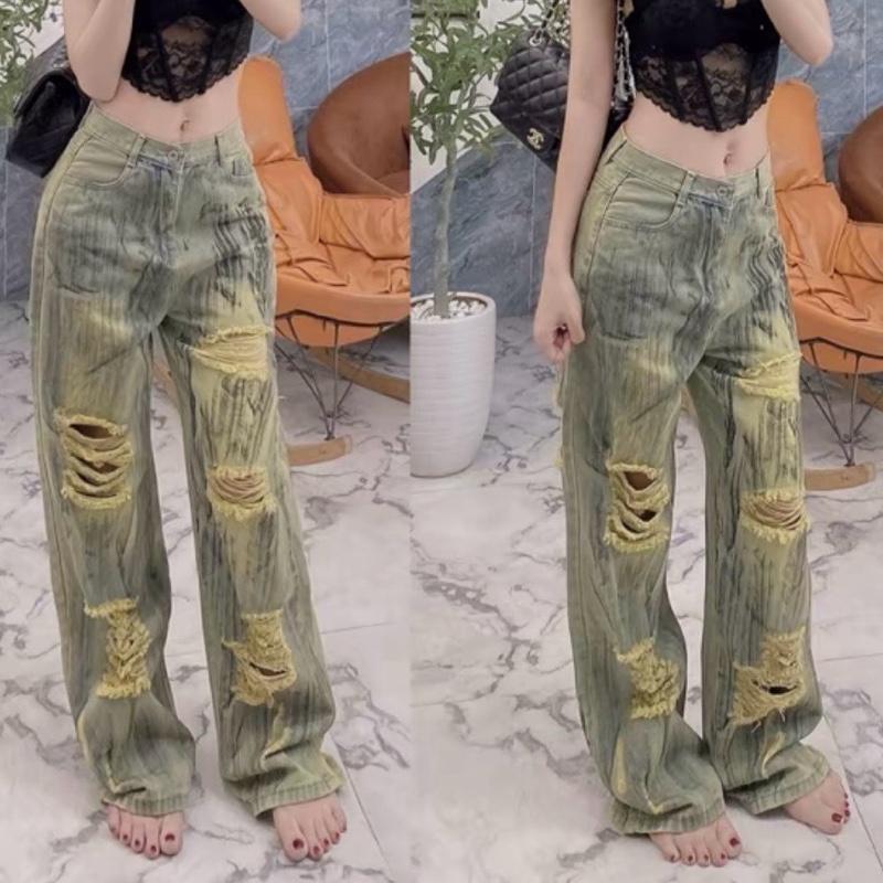 128_S-3XL 105-95cm Quần Jean Suông Rách( MÀU VÀNG RÁCH TRUỚC SAU MÀU XANH KO RÁCH SAU)  Bụi Loang Màu Cho Nữ Độ Dài Chạm Đất Khoá Kéo quân  jeannu Kem Women