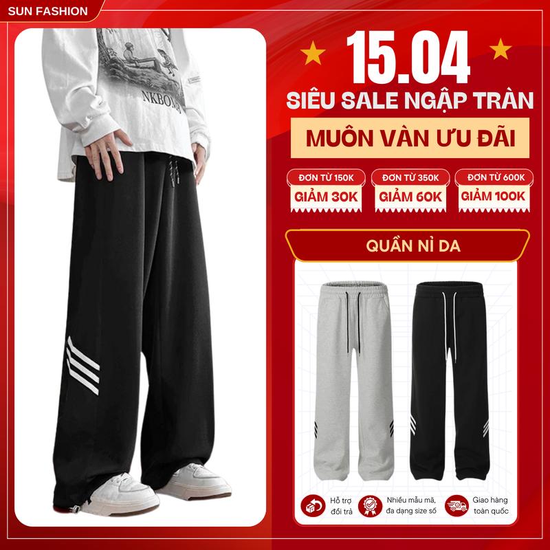 Quần nỉ da ống suông phối kẻ sọc Unisex SUN 2 màu sắc dành cho Nam Nữ thoải mái năng động, phong cách hàn quốc Menswear