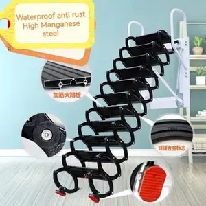 Tangga Loteng Teleskopik Lipat Wall Mounted Anti Slip & Anti Karat Bahan High Manganese Steel 13 Steps 3.7 Meter Hemat Ruang untuk Loteng & Mezzanine