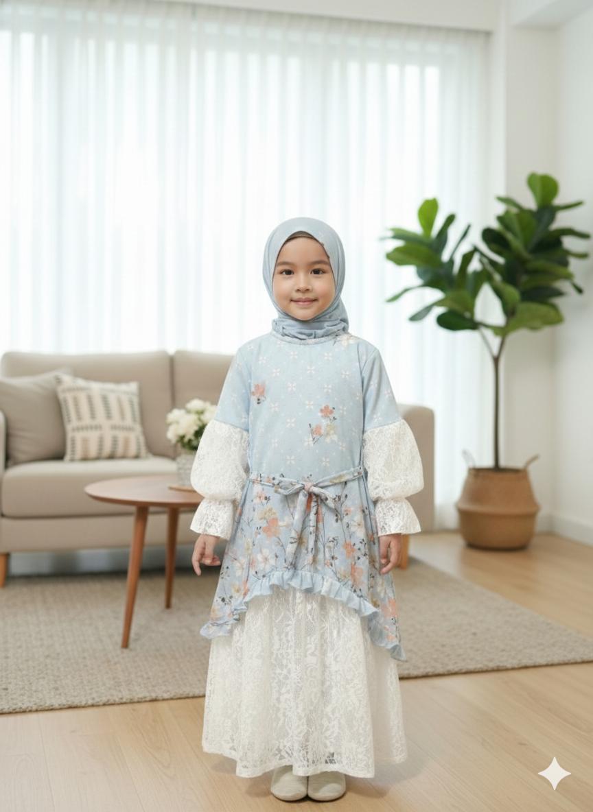 KidsCenter - Gamis Raya Babydoll Mix Brukat Full Puring Anak Perempuan Usia 3 - 10 Tahun / Baju Gamis Bini Orang Motif Bunga Tali Pinggang - Fashion Muslim Raya Viral Free Hijab