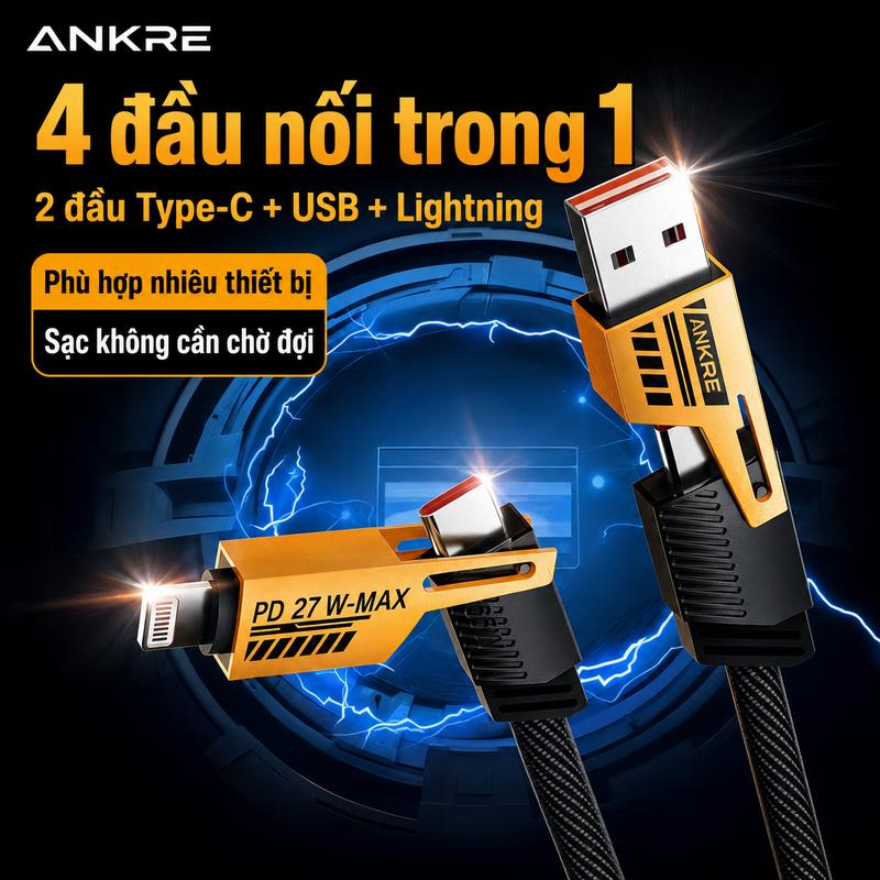 Cáp Sạc Nhanh 4 Trong 1 ANKRE, Đầu Chuyển Type-C/USB Sang Type-C/Lightning, Dây Dù Chống Rối Siêu Bền, Dùng Cho iPhone Android Laptop