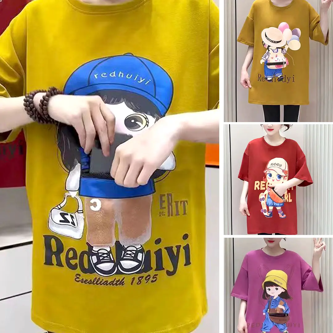 Zipper pocket short sleeved T-shirt cartoon pattern skateboard girl summer new loose slit versatile short T