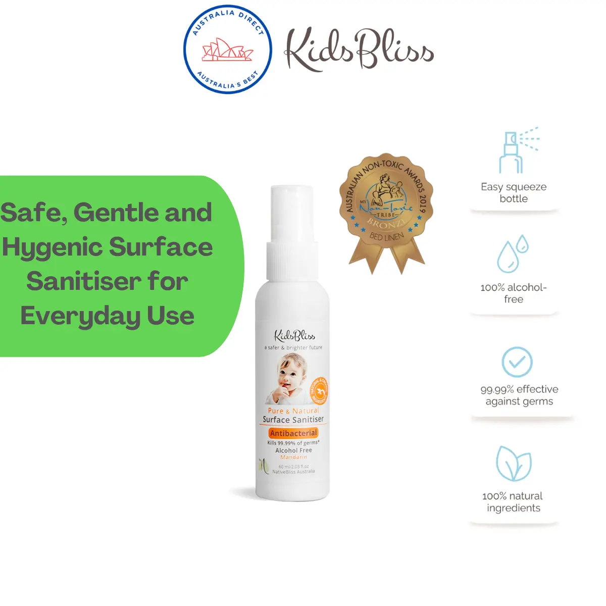 Kidsbliss Natural Surface Sanitiser Mandarin 60ml