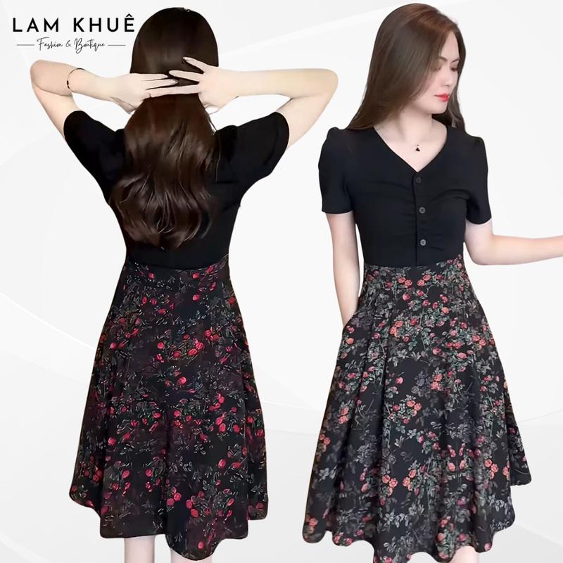  LAM KHUÊ Đầm Trung Niên Cổ Tim Thân Thun Phối Tùng Xòe Lụa Cao Cấp Che Khuyết Điểm Họa Tiết Hoa Sang Trọng 