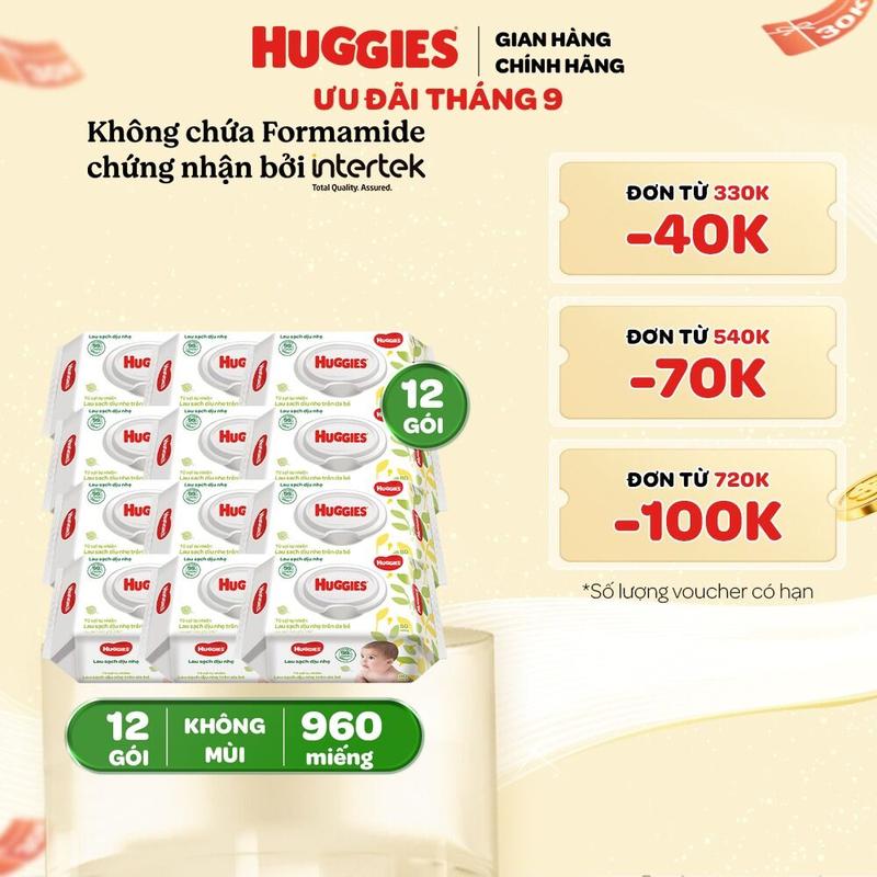 Thùng khăn giấy ướt em bé Huggies (Không mùi dịu nhẹ 12 gói/80 tờ, Không mùi…