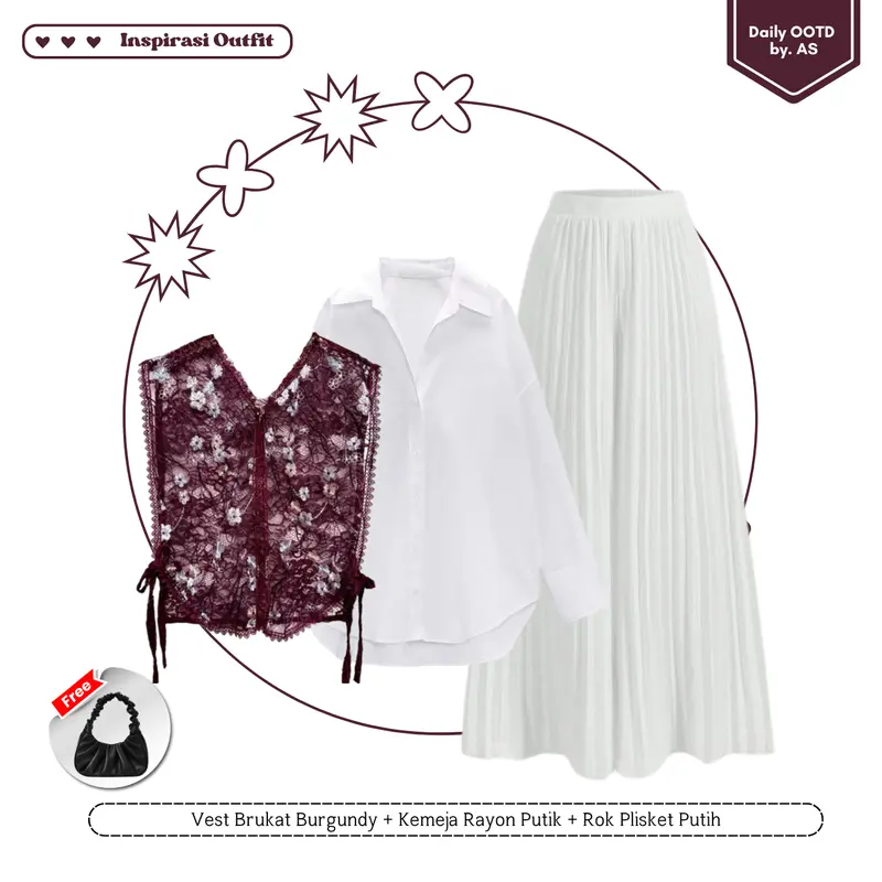 WFD | One Set Wanita (Vest Brukat Burgundy, Kemeja, Rok Plisket) Setelan Kondangan Cantik dan Elegan | GRL 08 0