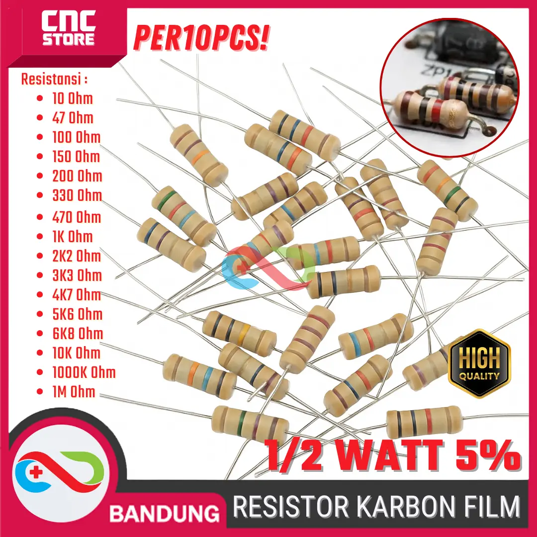 Resistor 1/2 Watt 5% 10pcs – Komponen Elektronik DIY & Arduino