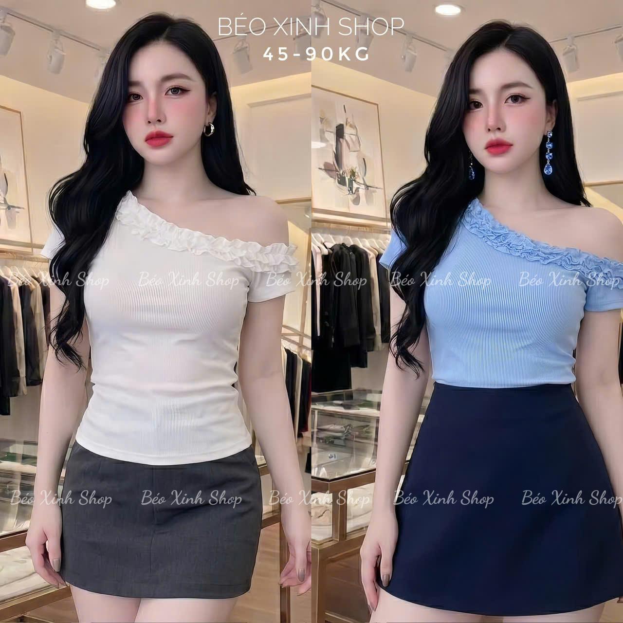 Áo Thun Nữ Trễ Vai Phối Bèo Nhún (From Ôm Body) Vải Thun Gân Tăm Cao Cấp Thanh Lịch Trẻ Trung Cho Nàng Bigsize 45–90kg - B.1808