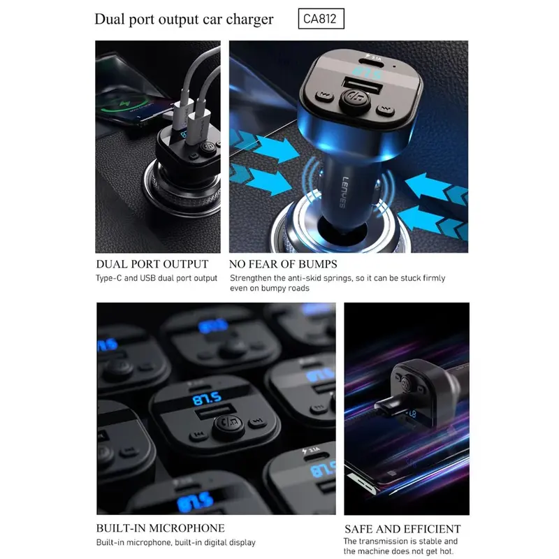 LENYES Car Charger FM Transmitter CA812 Bluetooth 5.3 Modulator Adaptor Mobil Dual Port USB + Type C With Mic 3