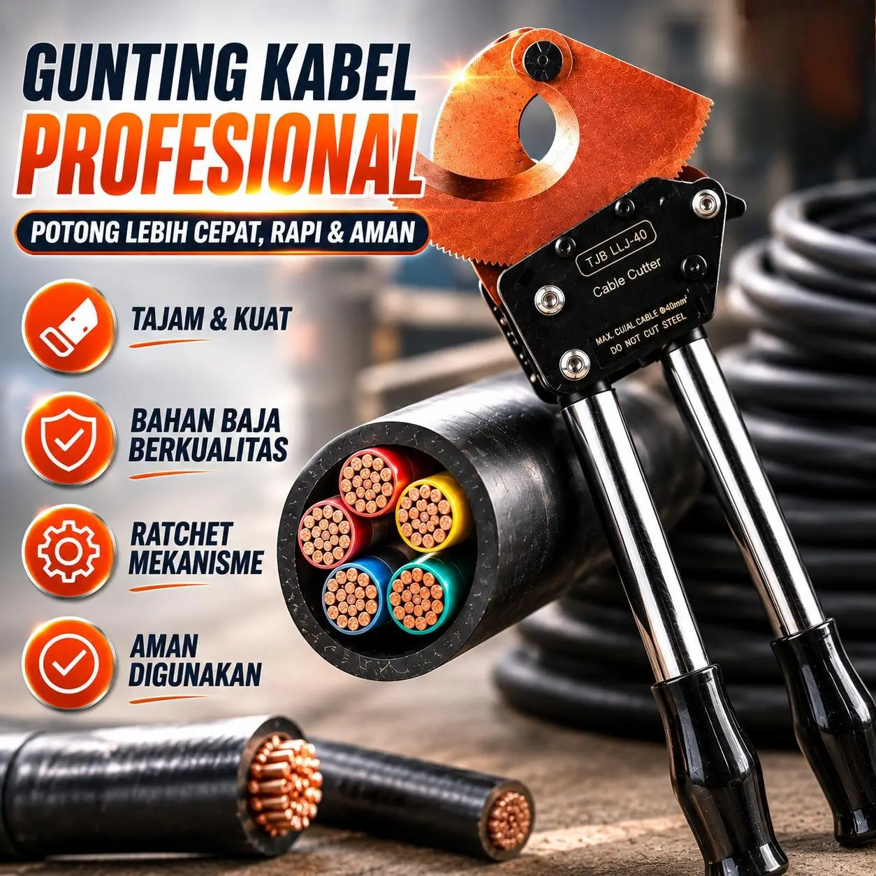 Tang Potong Kabel Ratchet Gigi Tajam Kuat Mudah Potong Kabel Tembaga Aluminium Besar Alat Perkakas Teknisi Listrik Profesional