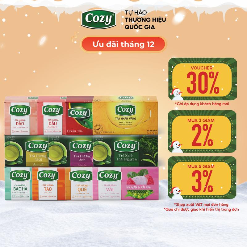 Voucher 30% Khách Hàng Mới Trà Túi Lọc Cozy Tea Các Vị Trà Ô Long Trà Xanh Thái Nguyên Hồng Trà Trà Sen Trà Xanh Nhài Trà Đào Trà Dâu Trà Vải Trà Quế Trà Bạc Hà Trà Táo 25 túi lọc x 2g Nước Trà Thơm Chè Tươi Nguyên Chất