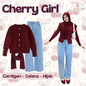 One Set Wanita Kekinian (Baju Cardigan Rajut, Celana Jeans Nyaman, Jilbab Pashmina Jersey) Outfit Hangout Remaja KY2U