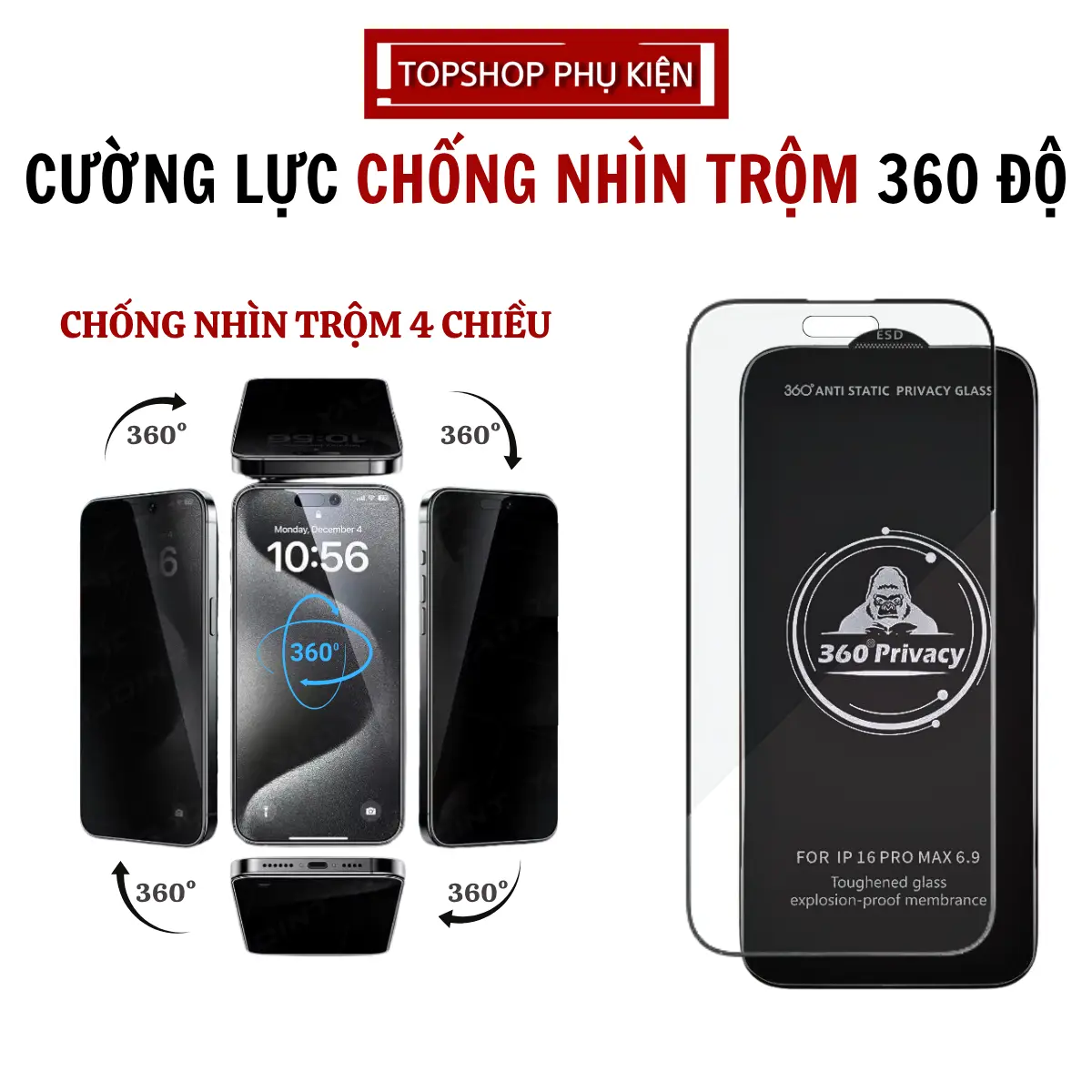 Cường Lực Chống Nhìn Trộm 360 Độ - Full Màn Bo Cong 2.5D Mượt Nhạy ,Phủ Nano  Dành Cho iPhone 16 Pro max 15 Pro max 14 Pro max 13 Pro max  12 Pro max 11 Promax X Xs max Xr Plus