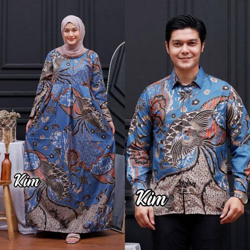 Baju Batik Couple Modern - Sarimbit Batik Kondangan Kekinian - Couple Gamis Batik dan Kemeja Polyester Dewasa Katun Motif Muslim Panjang Pasangan Dress Keluarga Seragam Kombinasi 6