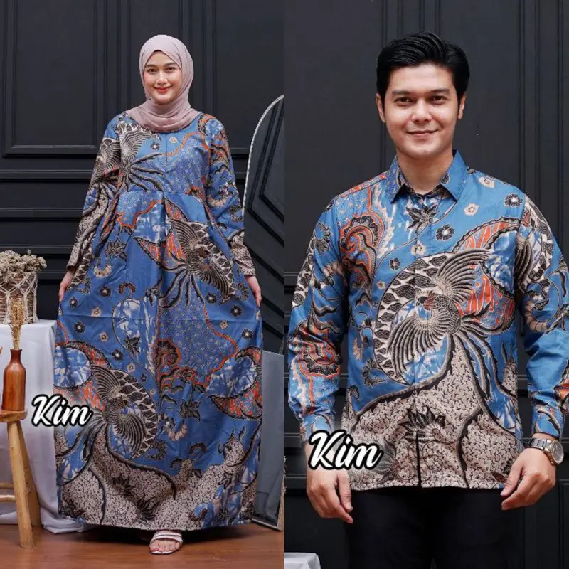Baju Batik Couple Modern - Sarimbit Batik Kondangan Kekinian - Couple Gamis Batik dan Kemeja Polyester Dewasa Katun Motif Muslim Panjang Pasangan Dress Keluarga Seragam Kombinasi 5