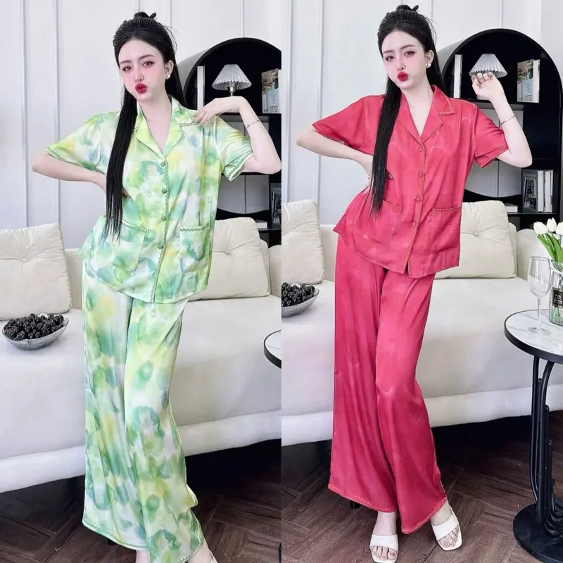 (M51) ĐỒ BỘ LỤA TAY NGẮN, (50-70kg)Pyjama lụa latin cao cấp mịn mát, 2 túi áo