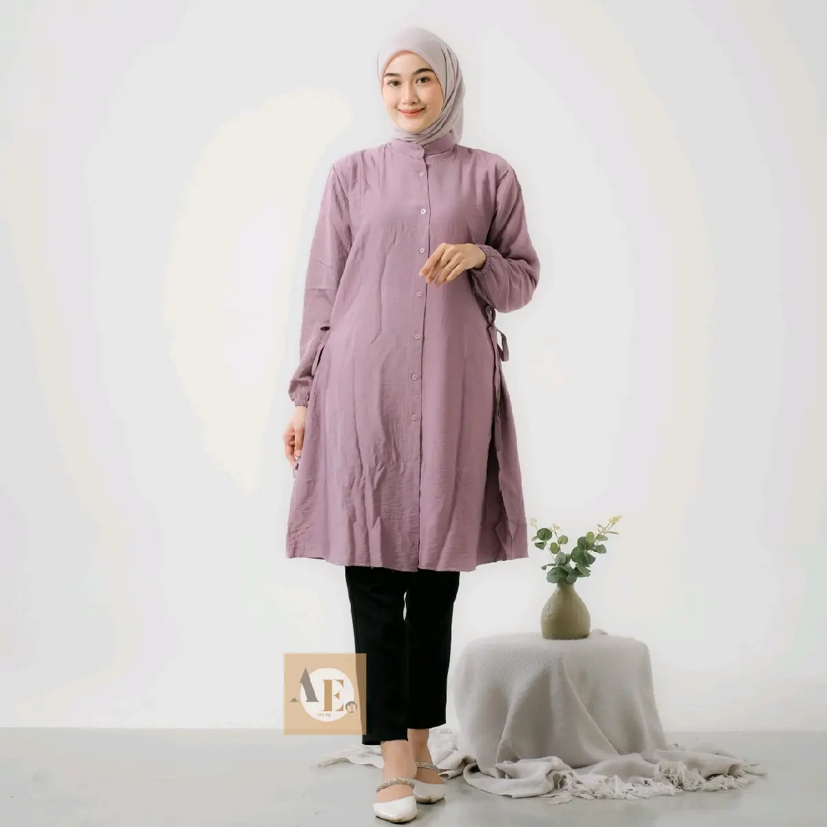 Amora Tunik Polos Polo Linen Full Kancing Aktif Busui Friendly Pinggang Tali Aktif ada karet ll Kemeja Wanita Kekinian Casual