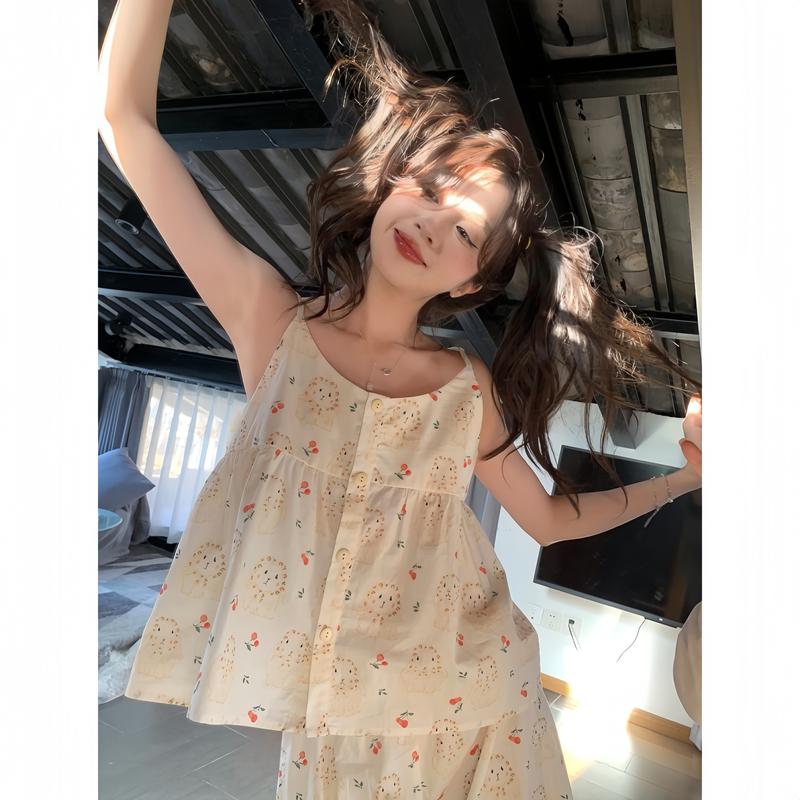 Summer Women's Sleepwear Strap Lace Edge Butterfly Knot Chest Pad Short Pants Home Clothes Casual Comfortable Polyester main image 1