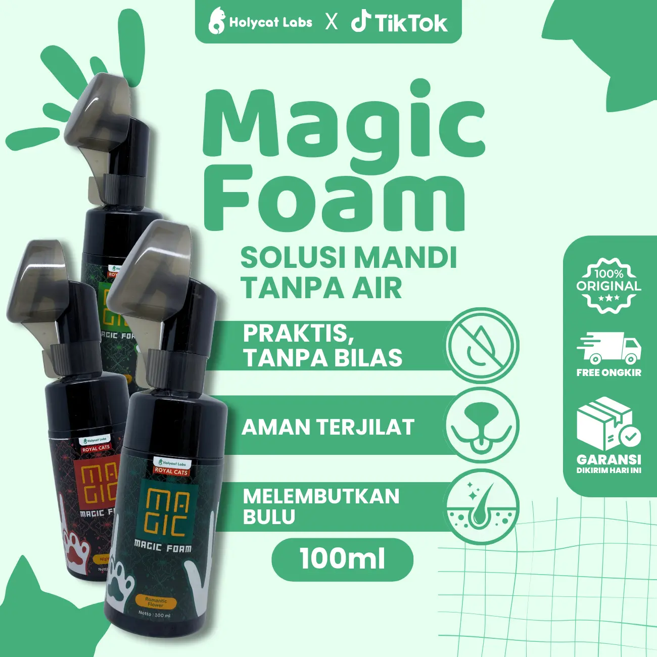 Holycatlabs Grooming Instant MAGIC FOAM 100 ML Mandi Kering Dry Shampo Aman Terjilat Grooming Anti Reog Kucing Bulu Lembut Bersih Berkilau