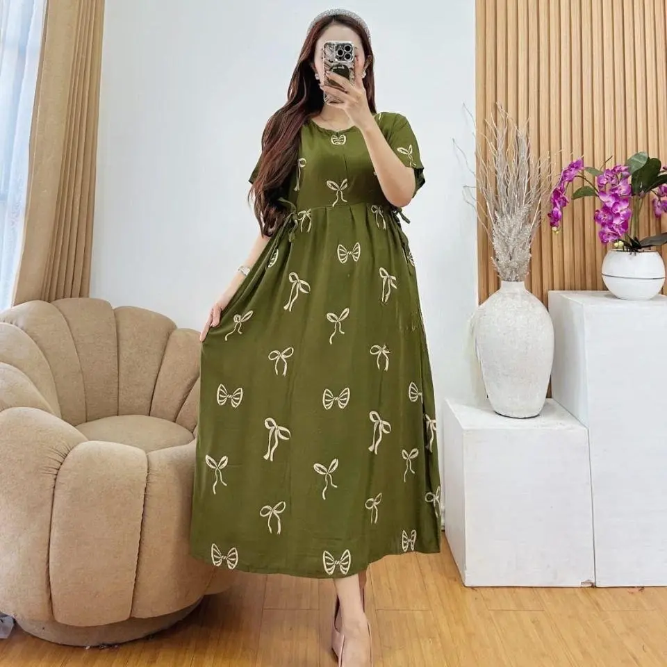 Dres Fuji Standar Lengan Pendek Santai Busui Sleting Bahan Rayon untuk Ibu Hamil Menyusui Motif Pita Bumil LD 110cm PB 115cm Katun Rayon Premium