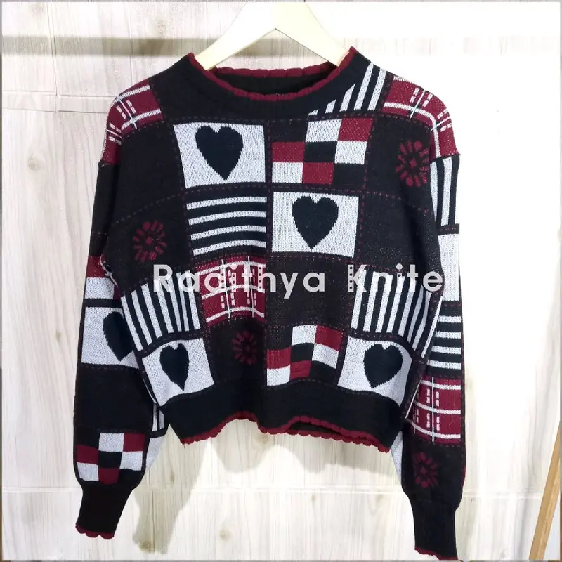Sweater Korean Vintage - Motif Kotak-Kotak Jahitan Cinta Santai - Fit Knitwear -Korean Knite Fashion 3