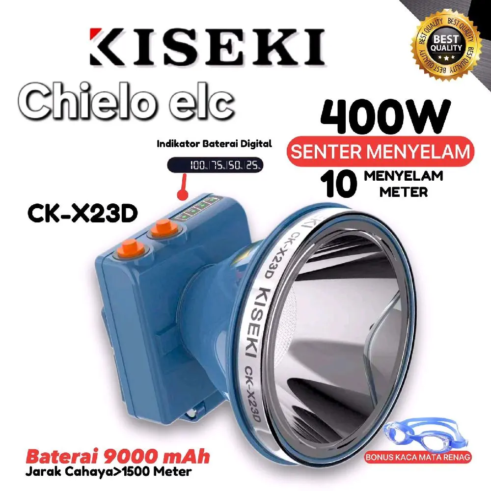 KISEKI Senter Kepala Selam CK-X23D 400W & CK-X11D 250W Cahaya Putih Original Baterai Lithium 9000mAh & 5.600mAh Bonus Kacamata Renang - Charger