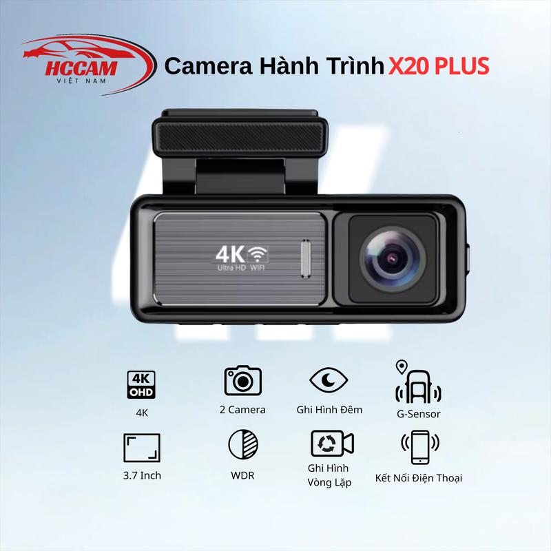 Camera hành trình Ôtô HCCAM Việt Nam X20 Plus Ghi hình 2 kênh 4K siêu nét trích xuất file dễ đàng qua đt ghi hình vòng lặp cảm biến va chạm G-sensor quay đêm WDR nhỏ gọn dễ lắp đặt