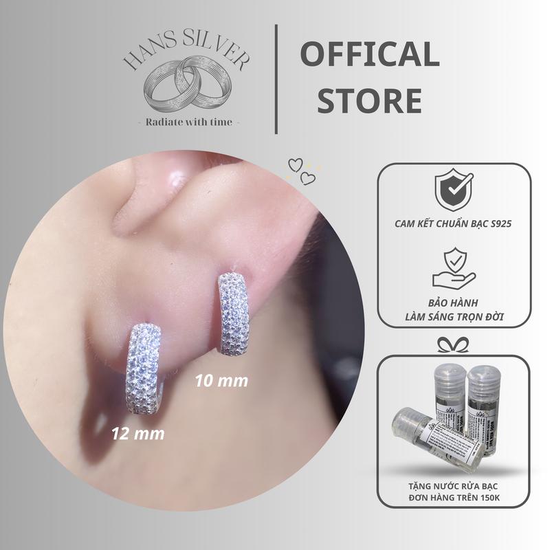 Khuyên tai nam nữ bạc S925 vòng bấm ba hàng đá mặt trước Hans Silver KTHA120121