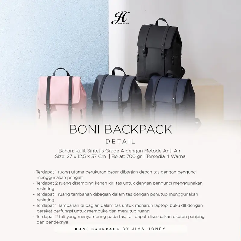 JIMS HONEY Boni Backpack Tas Ransel Unisex Kulit Sekolah Kuliah Kerja Hitam Wanita Pria Anti Air Muat Laptop 8