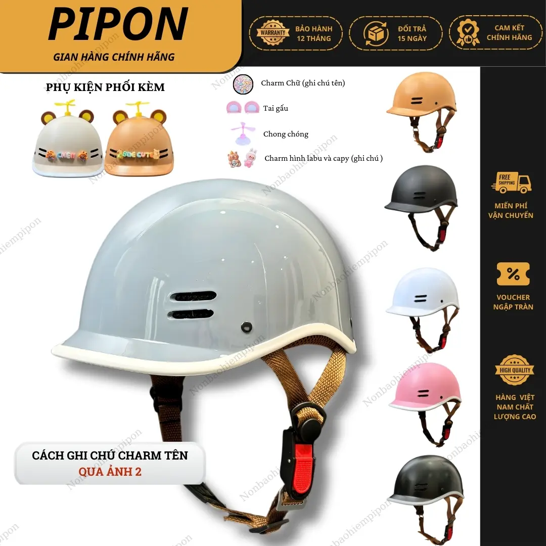 PIPON | NÓN BẢO HIỂM CÁ HEO CHÍNH HÃNG - THƯƠNG HIỆU LONG THANH - ĐẠT CHUẨN ĐI XE MÁY - CÓ TEM KIỂM ĐỊNH . Mũ bảo hiểm nửa đầu dáng cá heo gắn phụ kiện , đủ size cho cả người lớn và trẻ em , bảo hành chính hãng 12 tháng