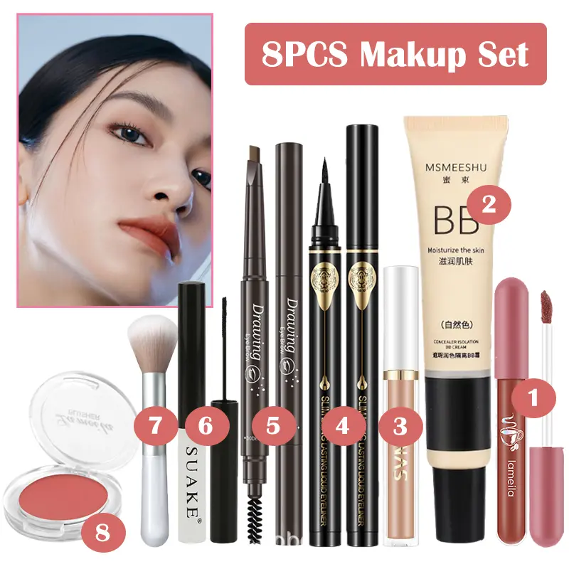 8PCS/SET Makeup Complete Set Women Natural Make up Kit Foundation+Lip Glaze+Eyeliner+Eyebrow+Mascara+Concealer+Blush+Make up Brush Cosmetic