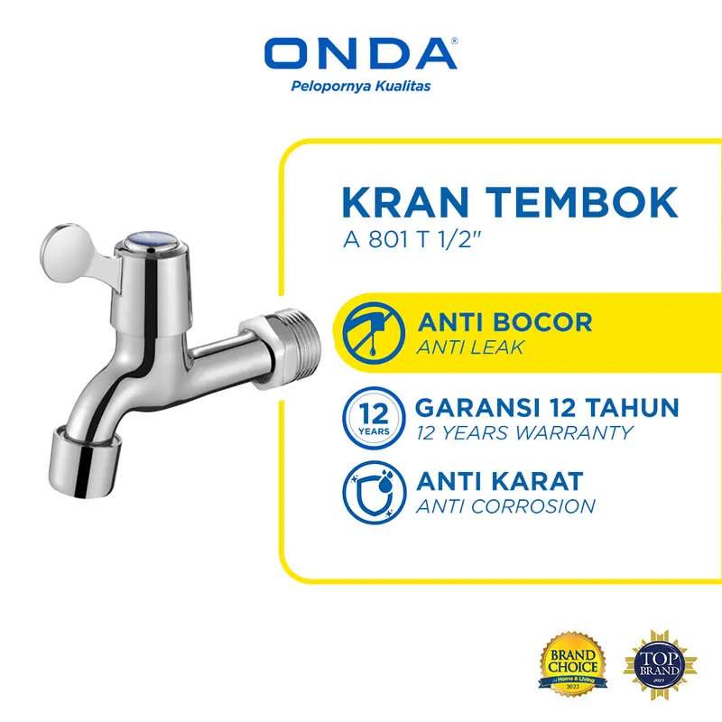 ONDA Kran Mesin Cuci Kran Air Tembok Anti Bocor Anti Karat A 801 T 1/2" 0