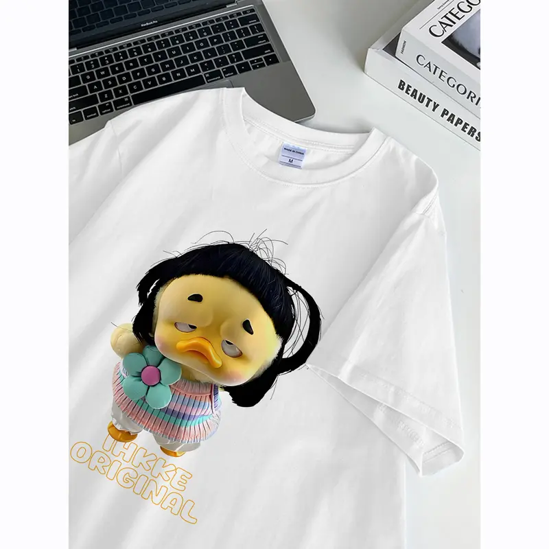 <TMG> T-shirt dicuci kebesaran | Cetakan upset duck lucu | T-shirt katun multi-warna berkualitas tinggi, baju aesthetic lucu kece premium,T-shirt katun oversized wanita dalam kualitas dicuci hitam dan putih  I000944 2
