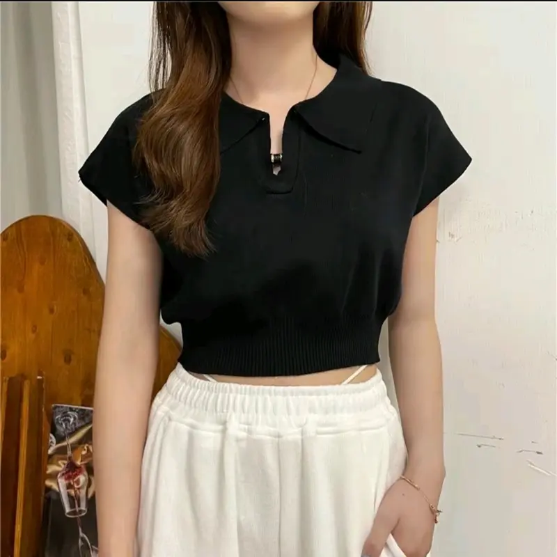 Atasan Rajut Polo Crop Top Knit / Crop Top Wanita Polos / Casual Top Pendek Knitwear Kerah 1