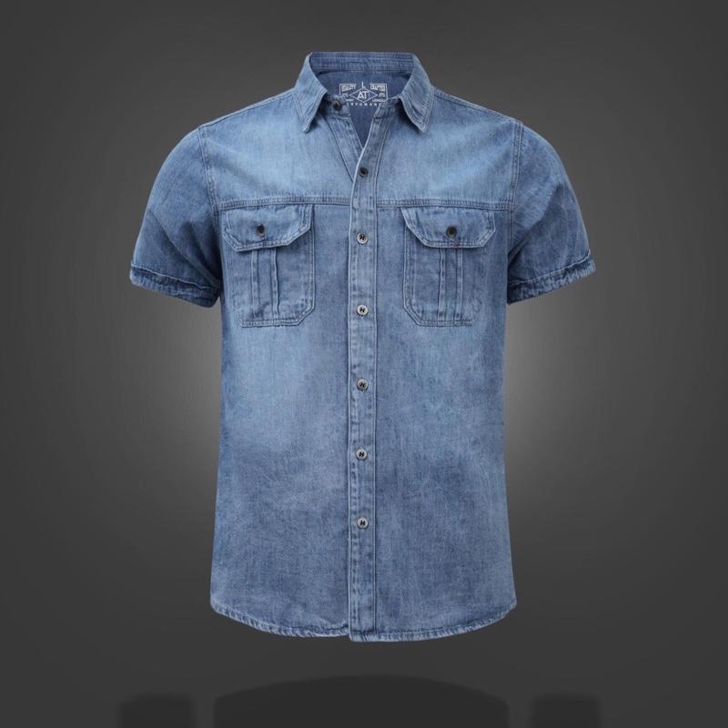 Áo Sơ Mi Jean Demin Nam Tay Ngắn Siêu Hot 2024 Áo Khoác Denim Menswear Có Túi Có Cổ
